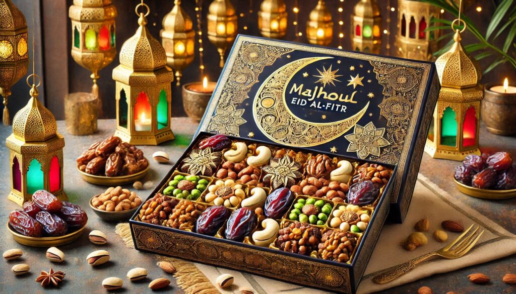 A festive gift box for Eid al-Fitr filled with Majhoul dates, stuffed with pistachios, almonds, and cashews, coated in rich Belgian chocolate.