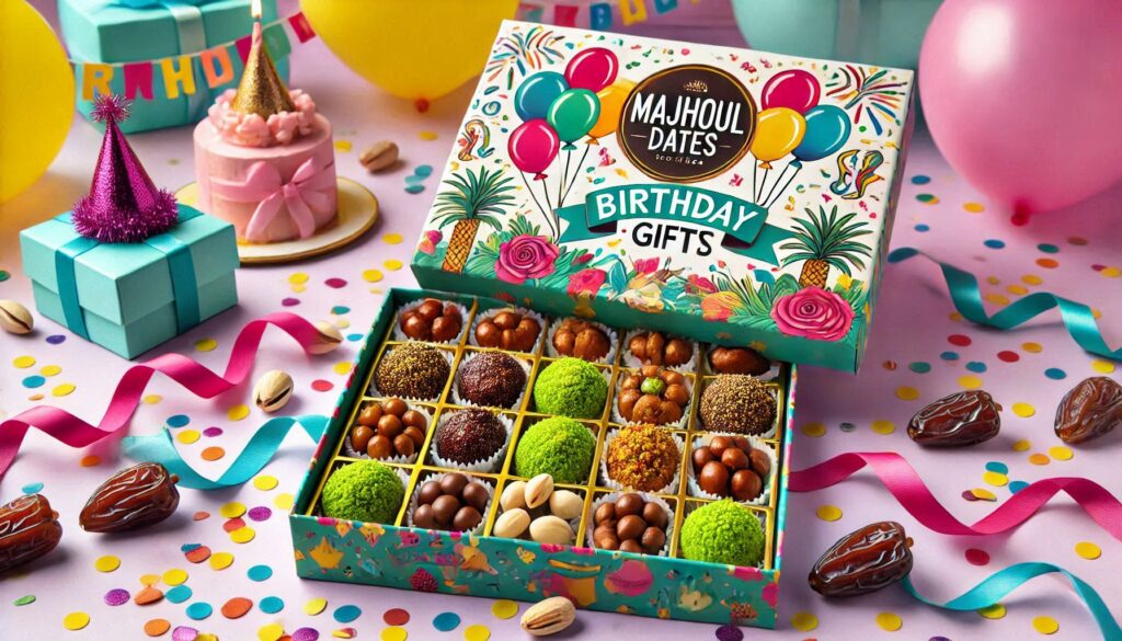 A vibrant birthday-themed gift box of Majhoul dates, creatively filled with a variety of fillings like chocolate paste, pistachios, and almonds, coated in Belgian chocolate