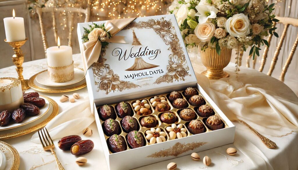 A luxurious wedding-themed gift box of Majhoul dates, elegantly filled with premium fillings like almond paste